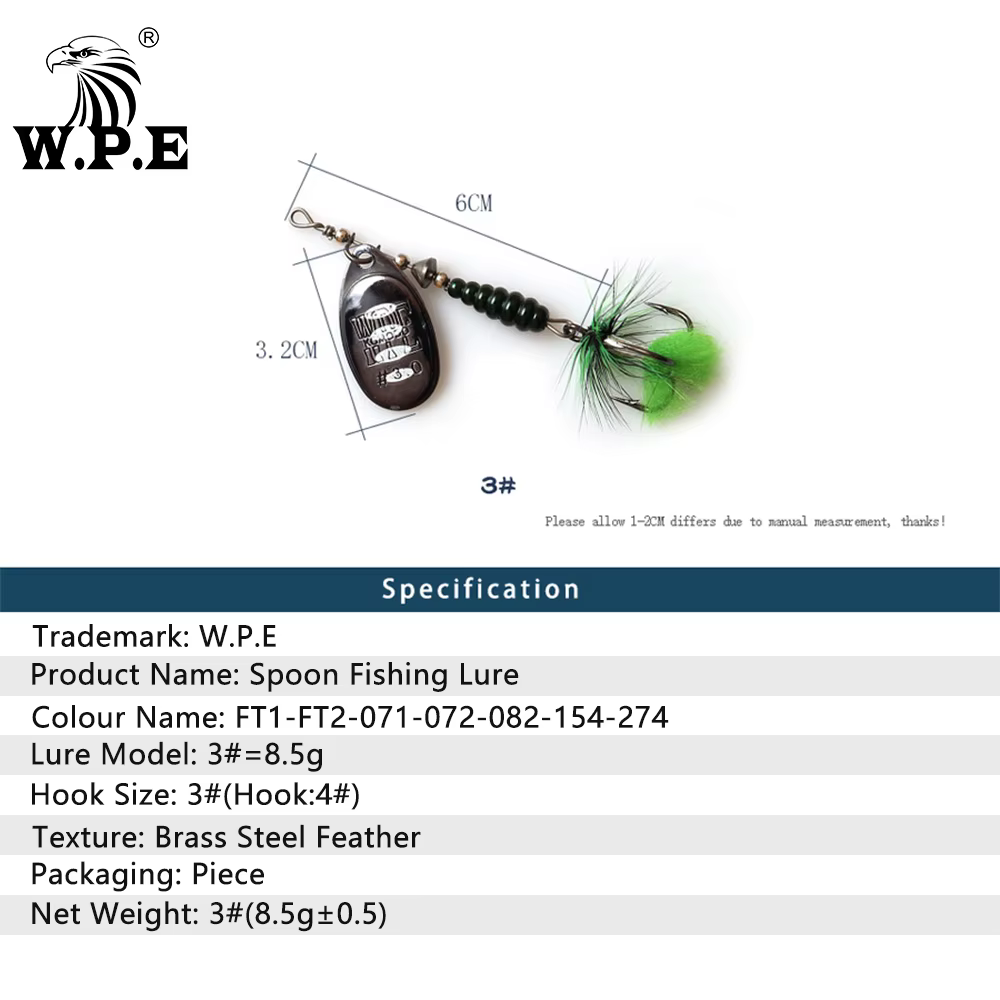 W.P.E Komodo - Señuelo giratorio cuchara latón 8,5g gancho triple lubina - imagen 4