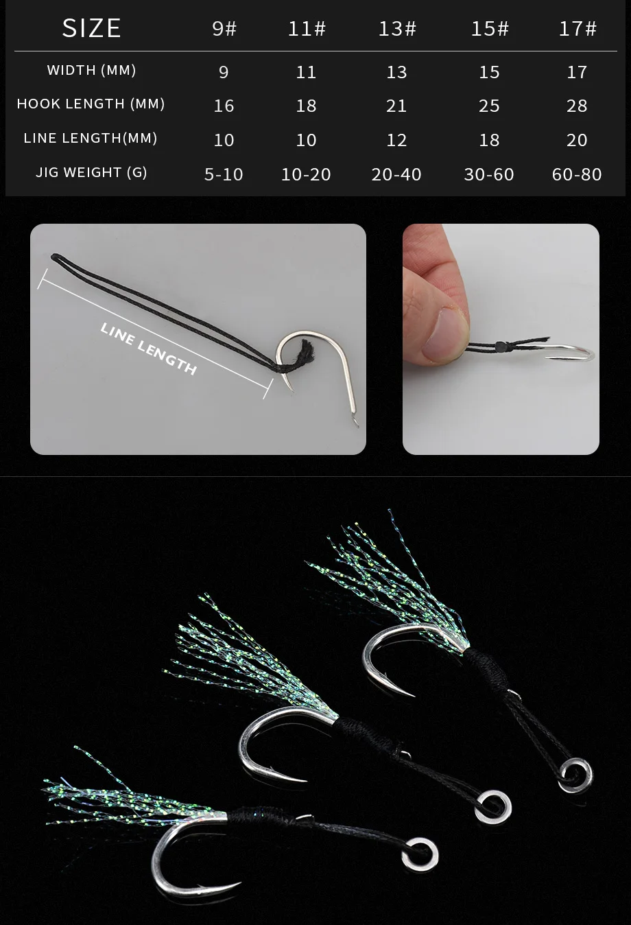 Detalle de anzuelo con pluma y línea PE