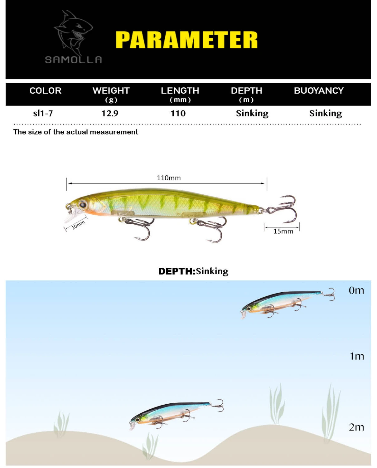 Jerkbait minnow SAMOLLA en vista lateral con diseño realista de pez