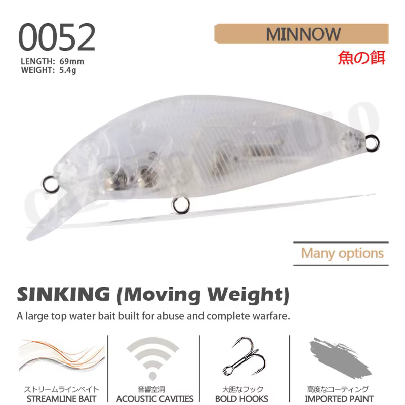 Señuelo Wobblers blanco sin pintar 69mm 5,4g ABS hundido - imagen 2