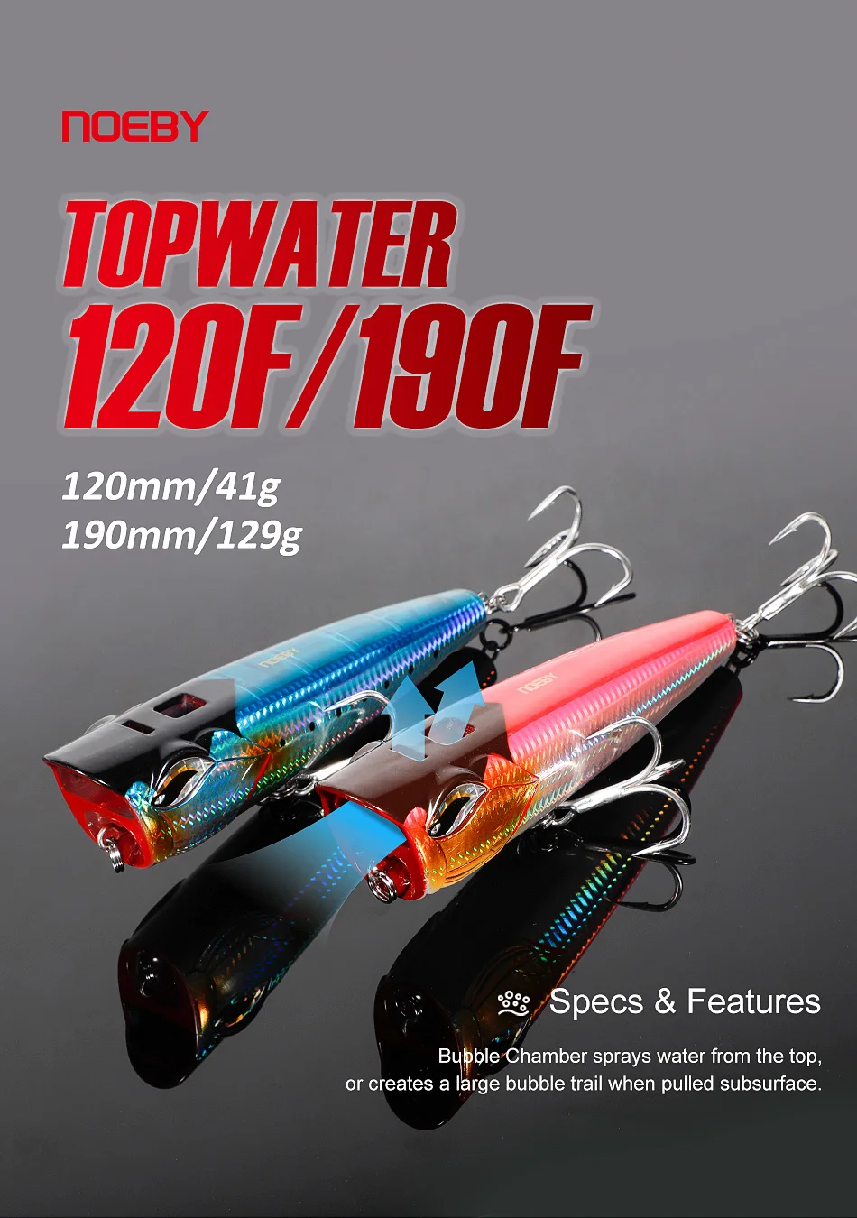Vista lateral del señuelo NOEBY Topwater Popper mostrando su cuerpo aerodinámico