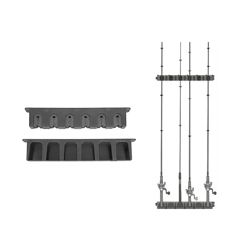 Soporte vertical para 6 cañas de pescar montado en pared