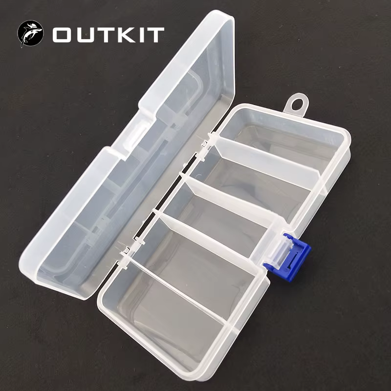 Caja de aparejos transparente con compartimentos visibles