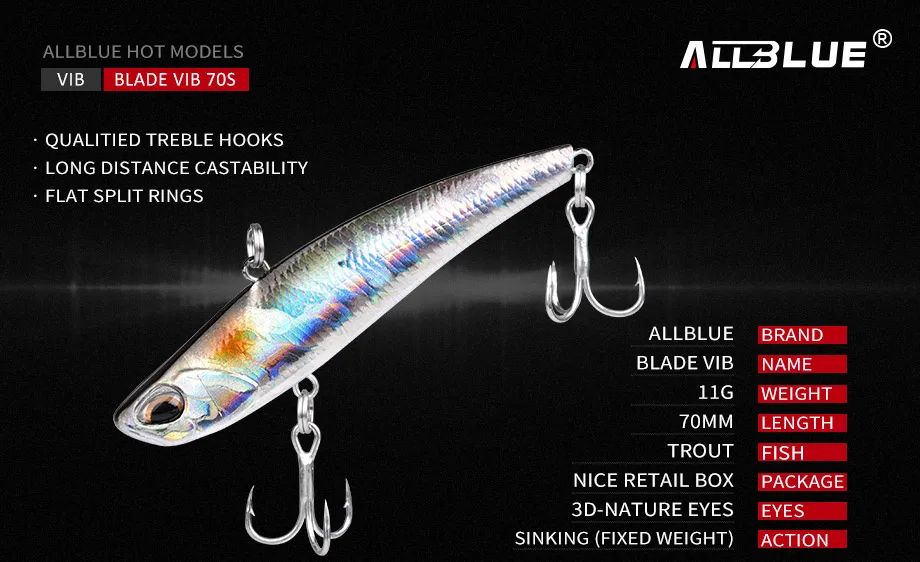 Vista lateral del señuelo ALLBLUE Blade 70S mostrando su diseño aerodinámico