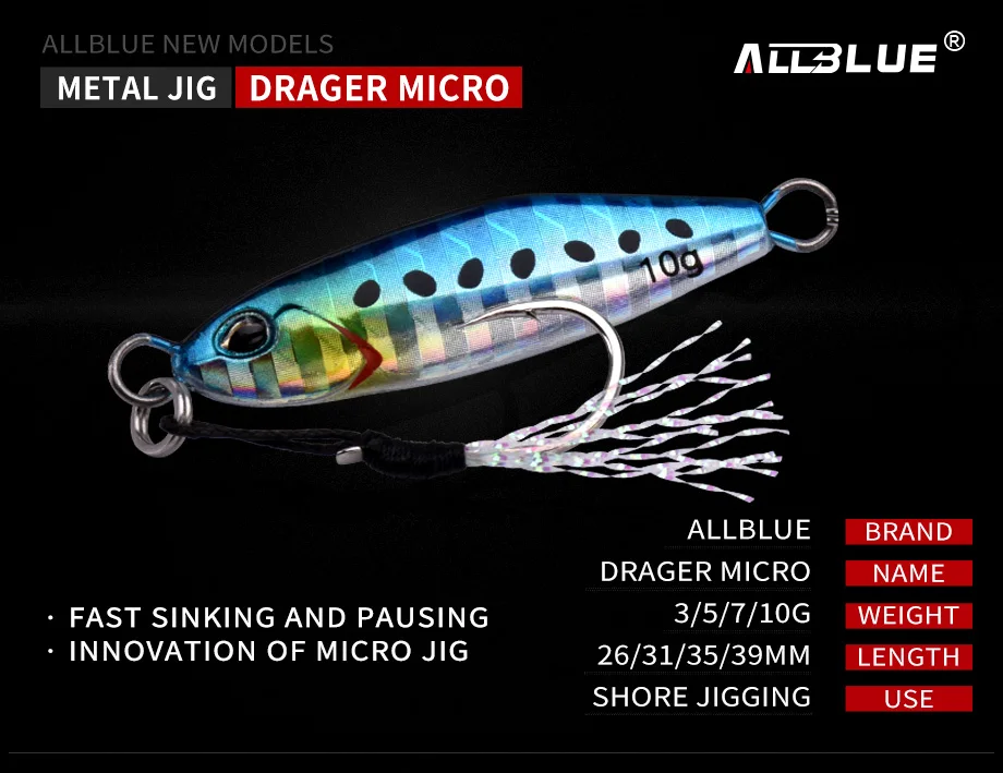 Detalle del señuelo ALLBLUE DRAGER mostrando su acabado metálico