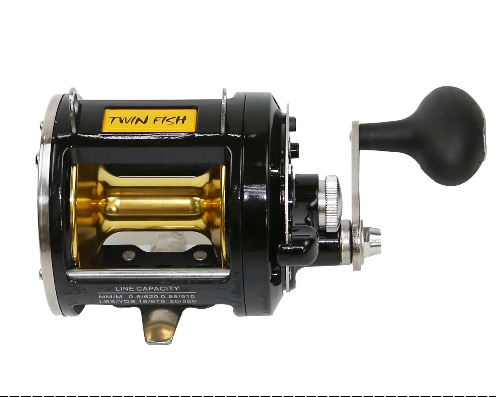 Vista frontal del carrete TR12000 mostrando su cuerpo robusto y manija ergonómica