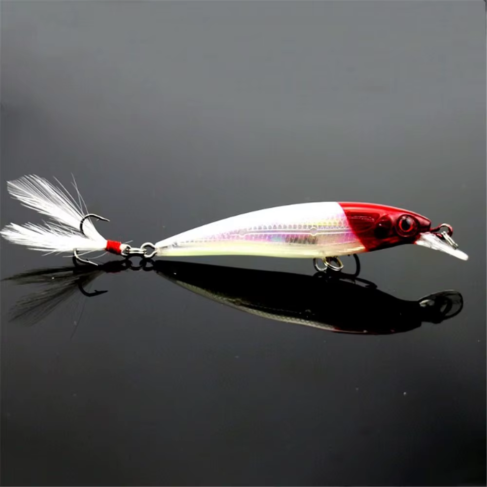 Señuelo Minnow 9cm con plumas y ojos biónicos 3D - imagen 3