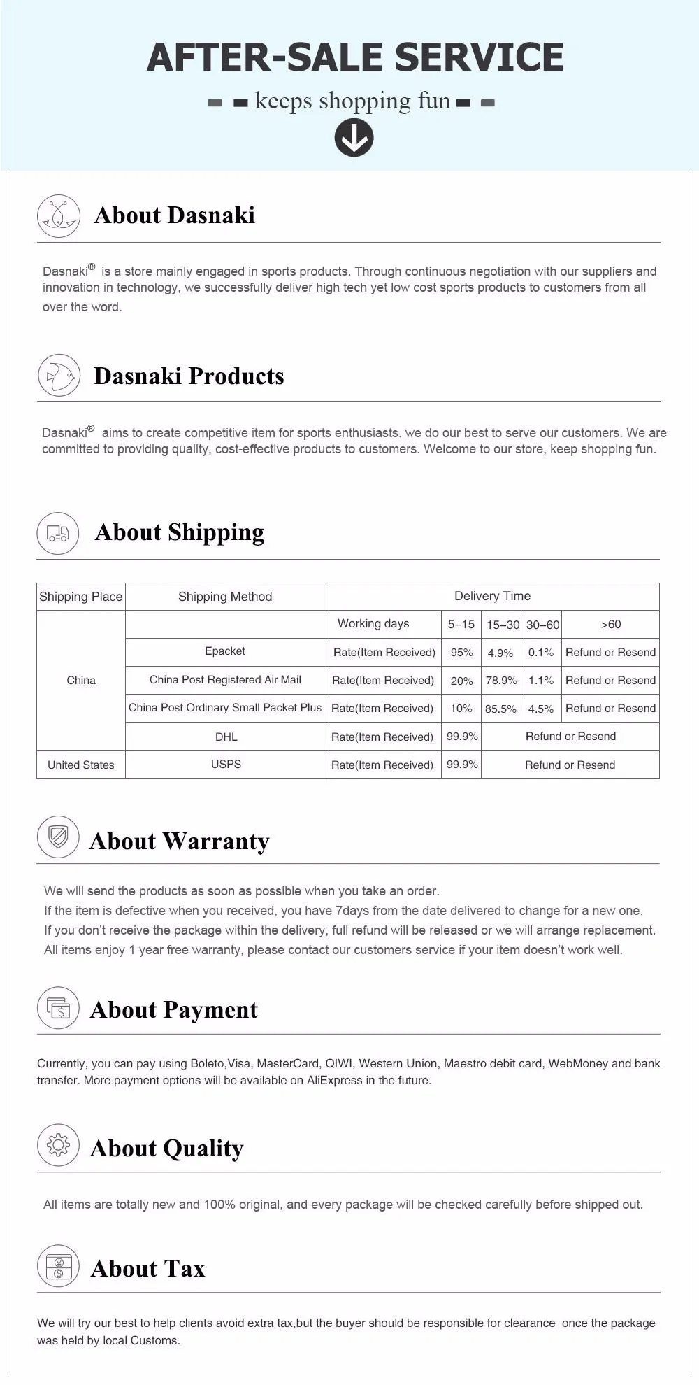 Tabla de tallas disponibles