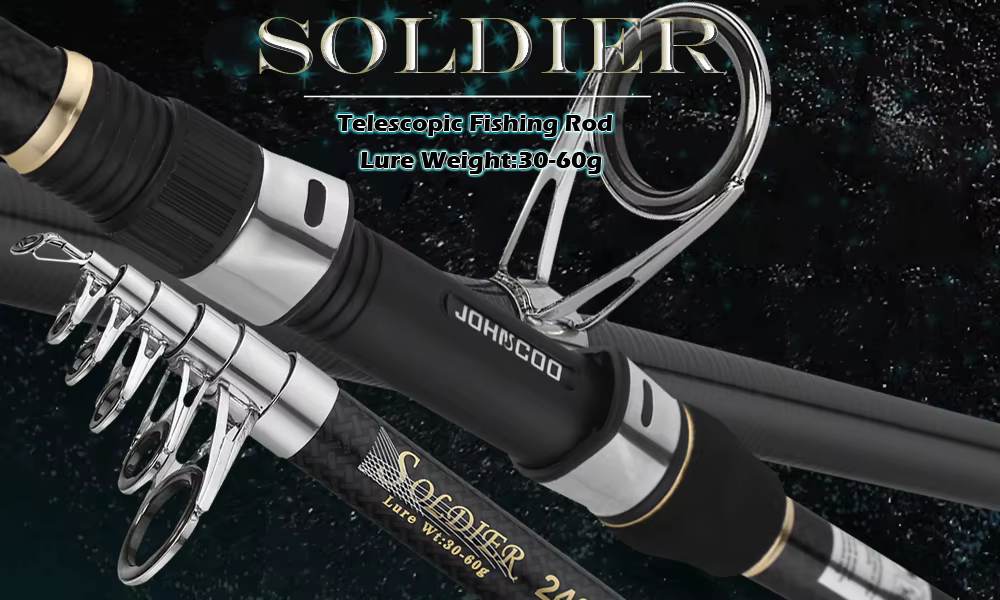 Caña telescópica cerrada mostrando su longitud compacta