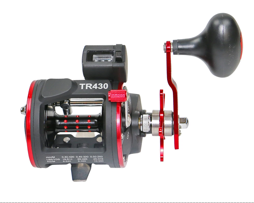Carrete de pesca AI-SHOUYU TR430 vista lateral con contador digital