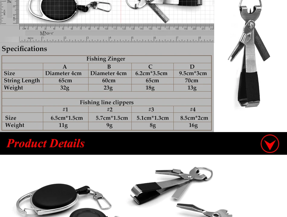 Diferentes modelos de cortaúñas de pesca incluidos en el set