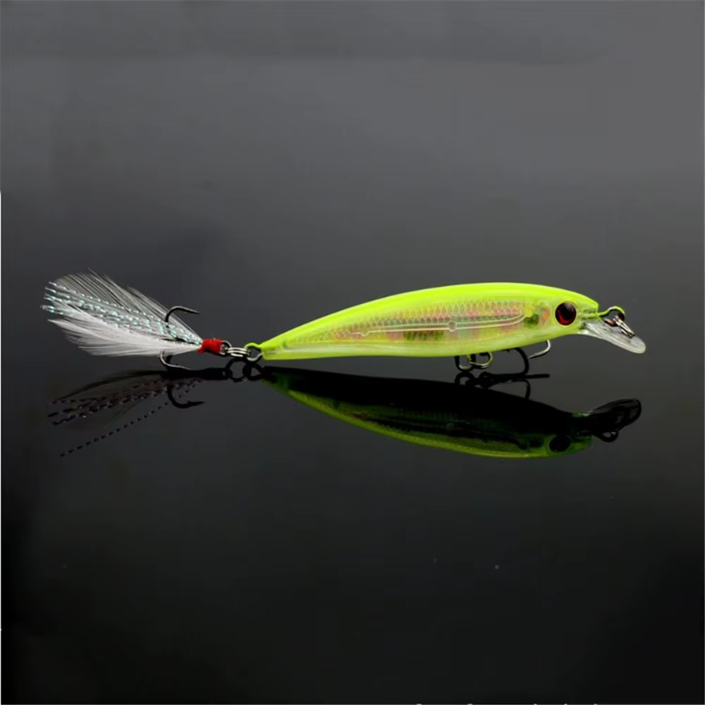 Señuelo Minnow 9cm con plumas y ojos biónicos 3D