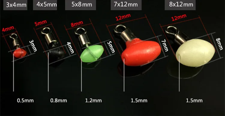 Conectores de pesca de diferentes tamaños en colores variados
