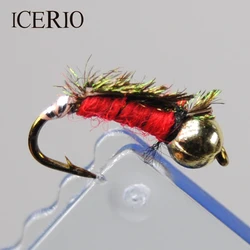 ICERIO Ninfa Caddis Roja – Cabeza de cuentas #14 para trucha