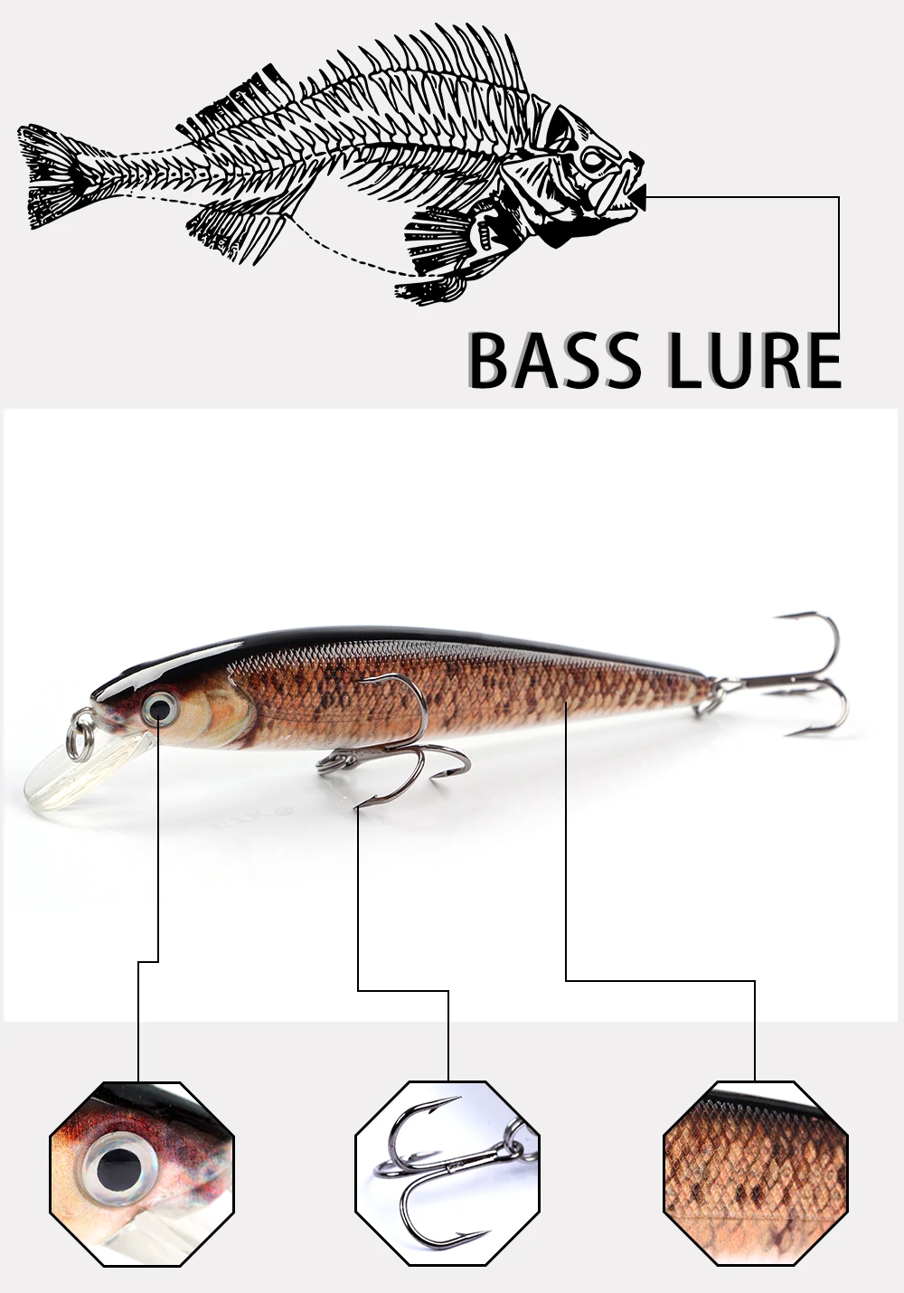 Señuelo swimbait con ojos 3D realistas y anzuelos triples