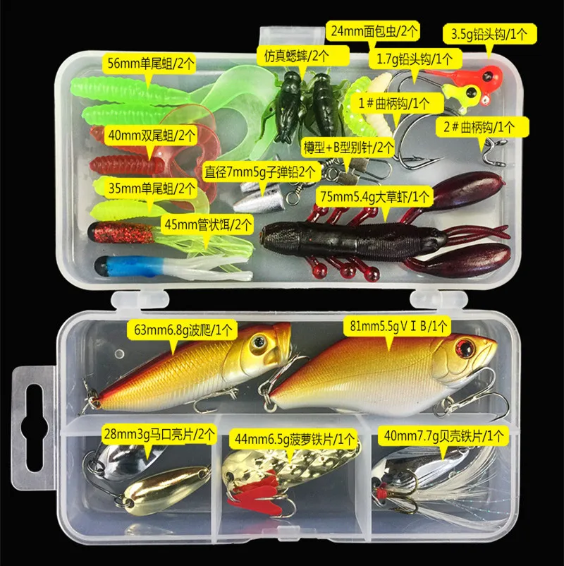 Kit de 28 piezas con señuelos duros, cucharas y accesorios básicos