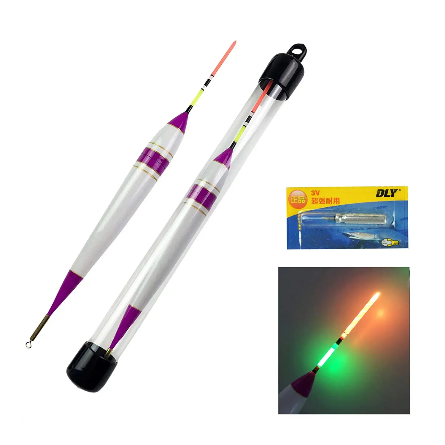 Flotador LED de balsa mostrando su cuerpo y luz encendida