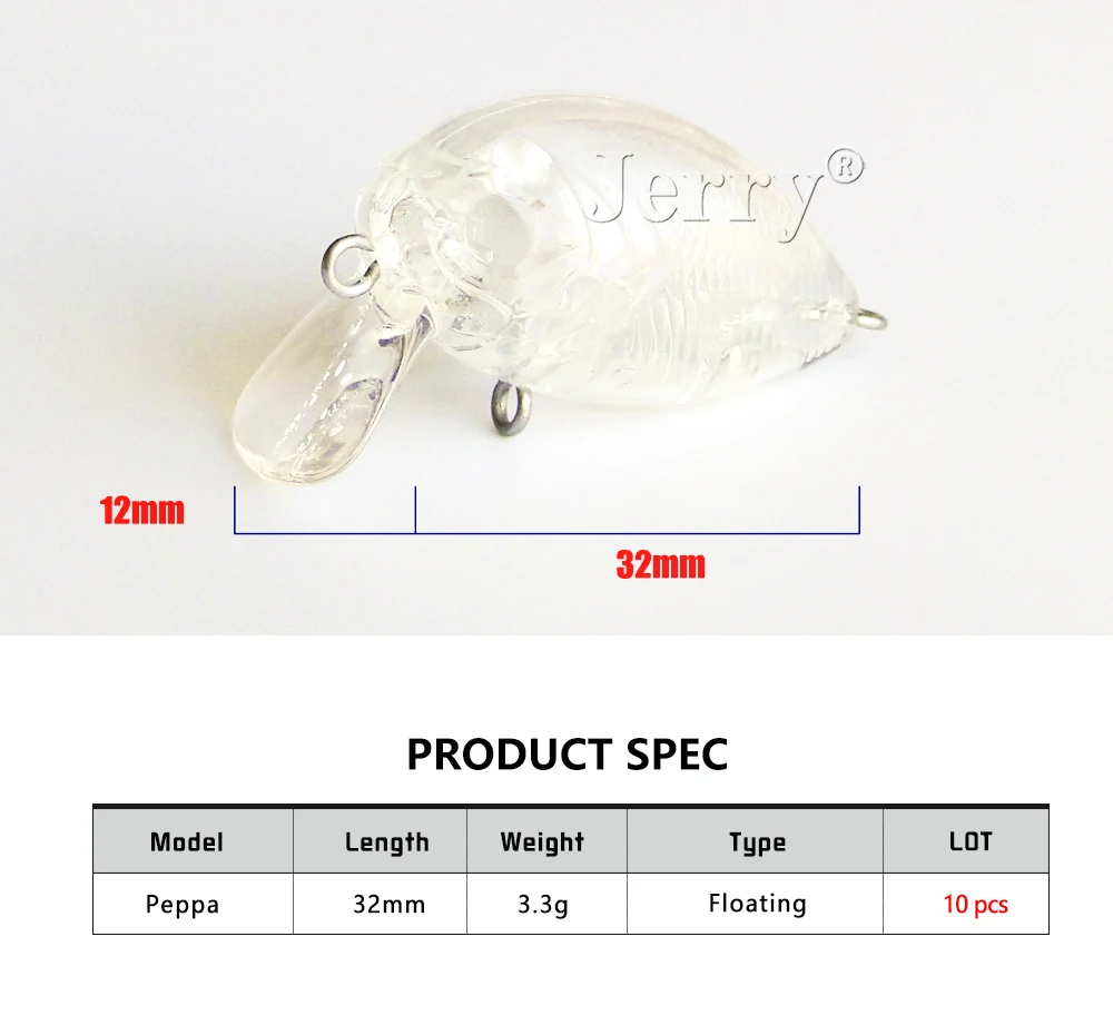 Lote de 10 señuelos Jerry Peppa flotantes 32mm sin pintar