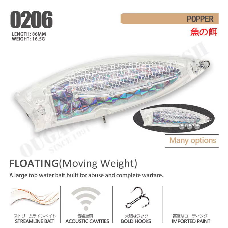 Popper flotante 86mm 16,5g para lucio – ABS transparente - imagen 5