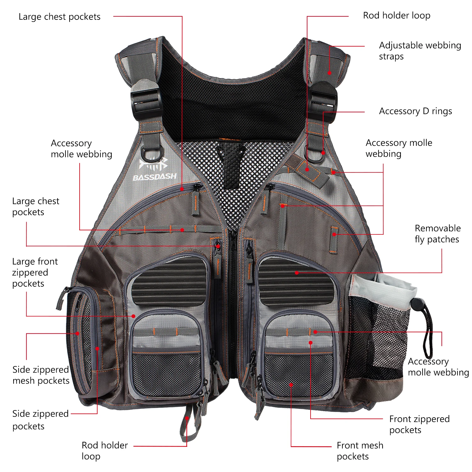 Bassdash Chaleco de pesca ajustable transpirable con seguridad - imagen 2