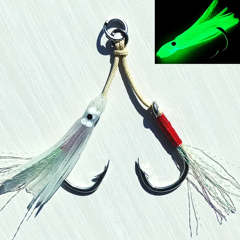 Mustad Inchiku Jig Head Lento con Doble Gancho y Plumas de Asistencia - imagen 4