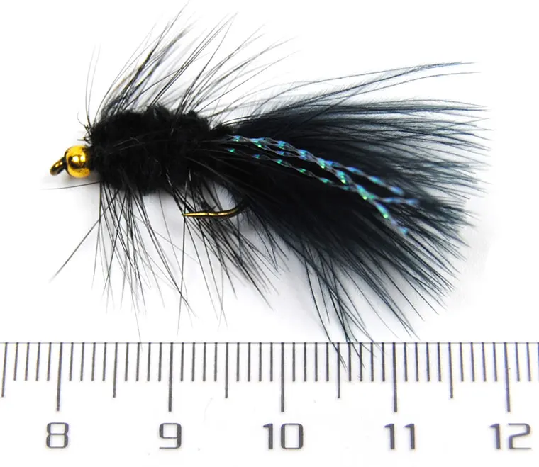 Moscas ICERIO Woolly Bugger tamaño 8 con chenille negro y cola de avestruz