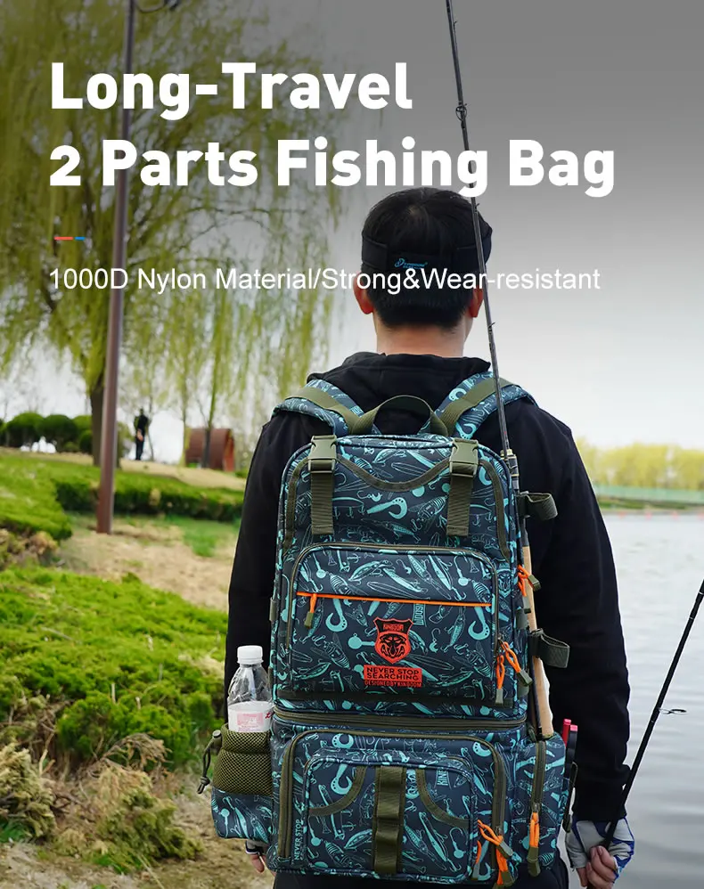 Mochila Kingdom Fishing vista frontal con materiales de pesca