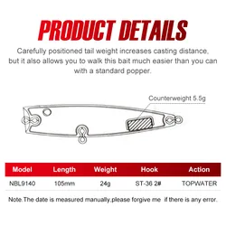 Señuelo Topwater Popper Noeby 105 mm – Largo Alcance para Agua Salada y Dulce