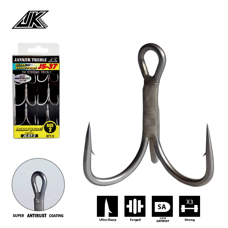 Anzuelos triples JK JS-37 gris 3X antioxidante para pesca marina - imagen 3