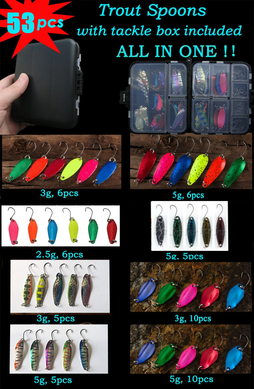 Kit de señuelos Jerry con variedad de cucharas y spinners metálicos