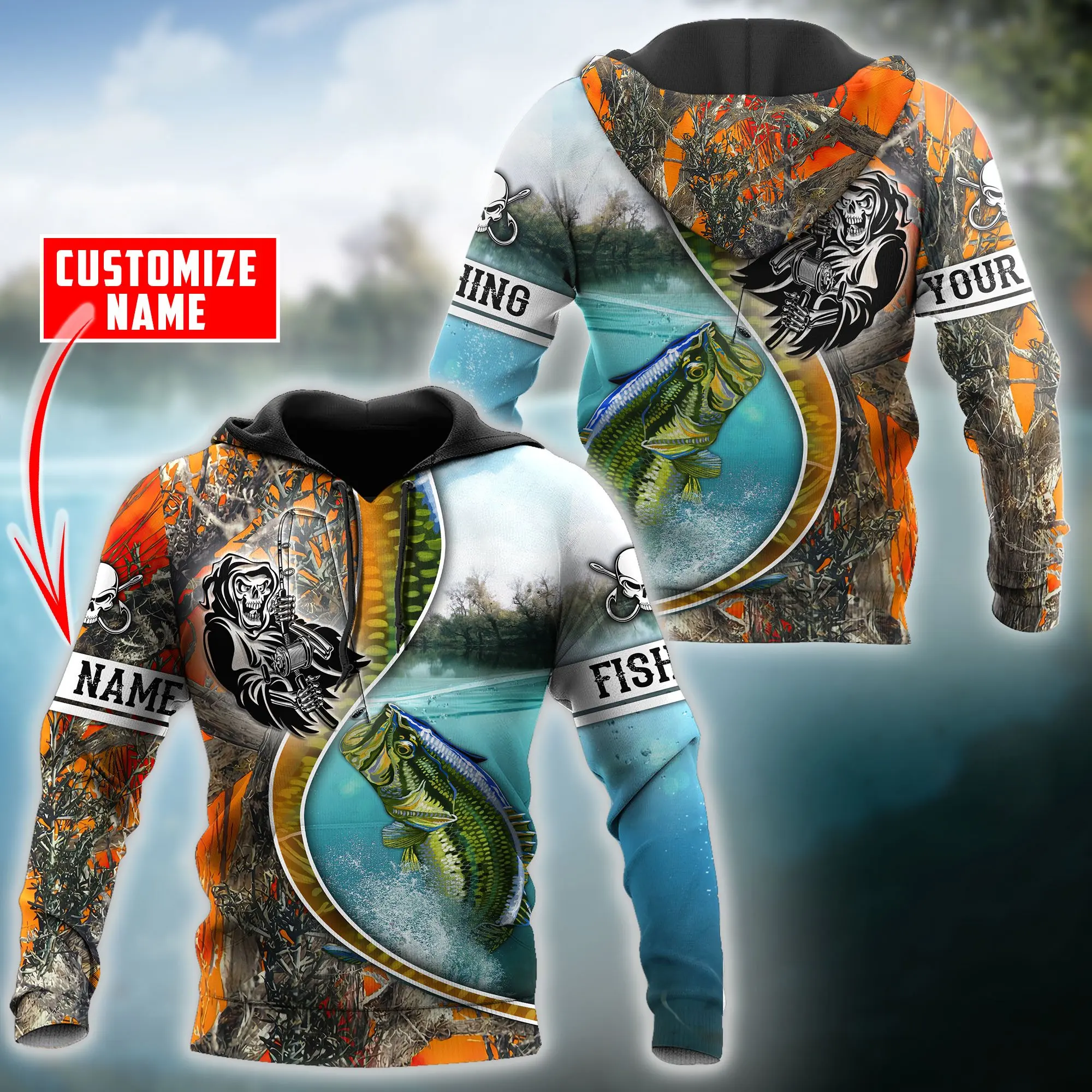 Sudadera con capucha 3D camuflaje naranja pesca lubina personalizada - imagen 2