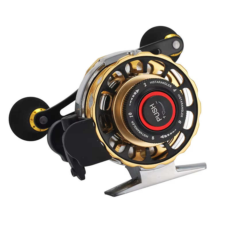 Carrete metálico para pesca en hielo con freno frontal