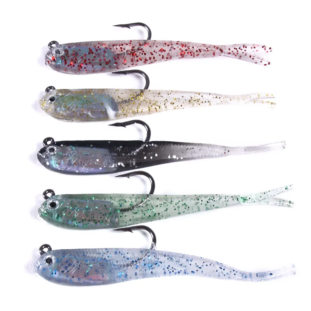 Pack de 5 señuelos suaves de silicona con cola dividida para pesca