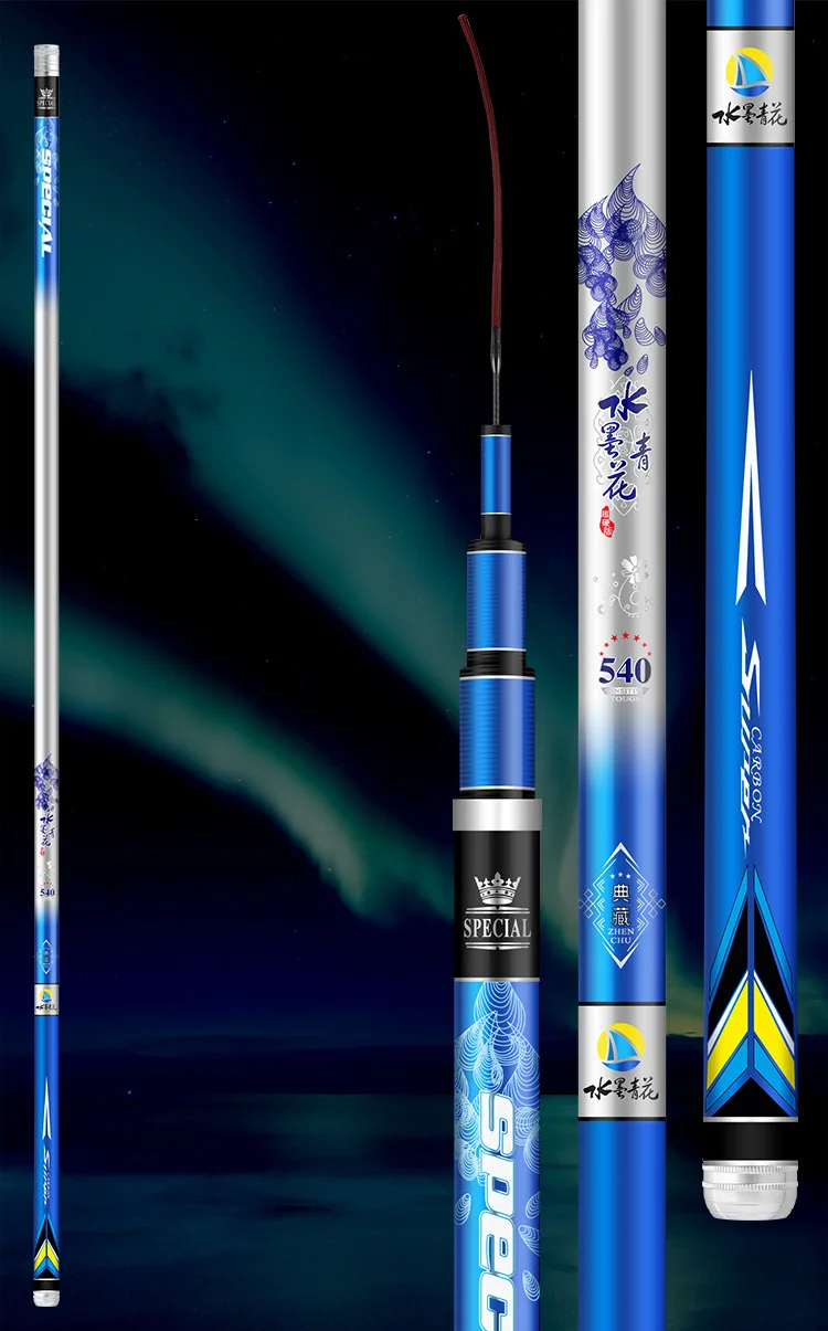 Caña telescópica extendida mostrando las 19 secciones