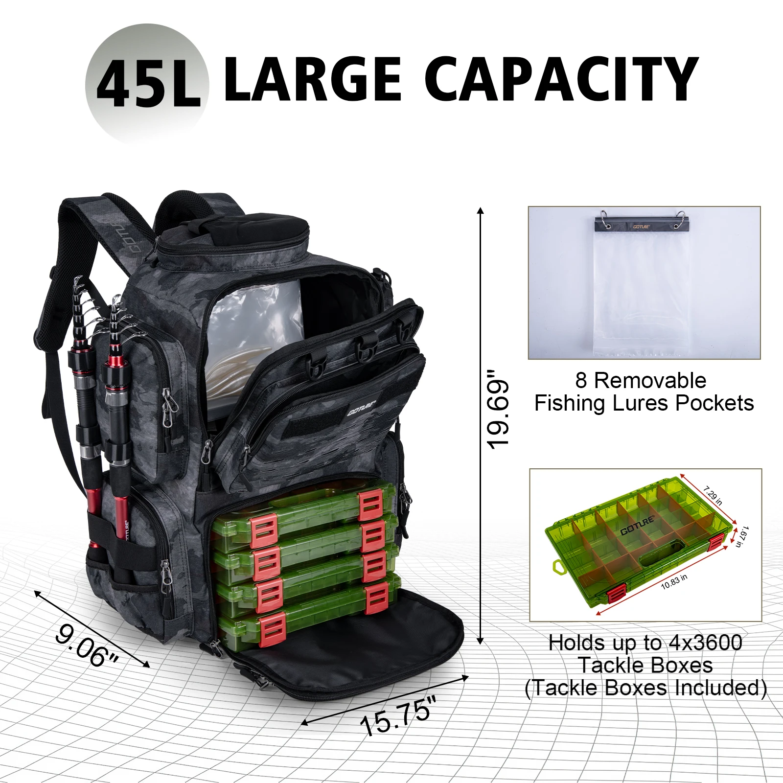 Mochila de pesca Goture 900D resistente al agua con cajas y cañas - imagen 5