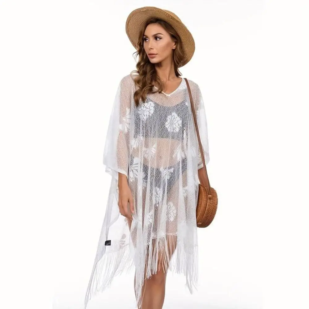 Poncho de playa vintage de encaje floral calado, cuello en V - imagen 3