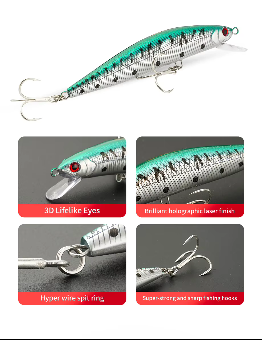 Señuelo flotante Johncoo Minnow Jerk Bait sobre fondo oscuro