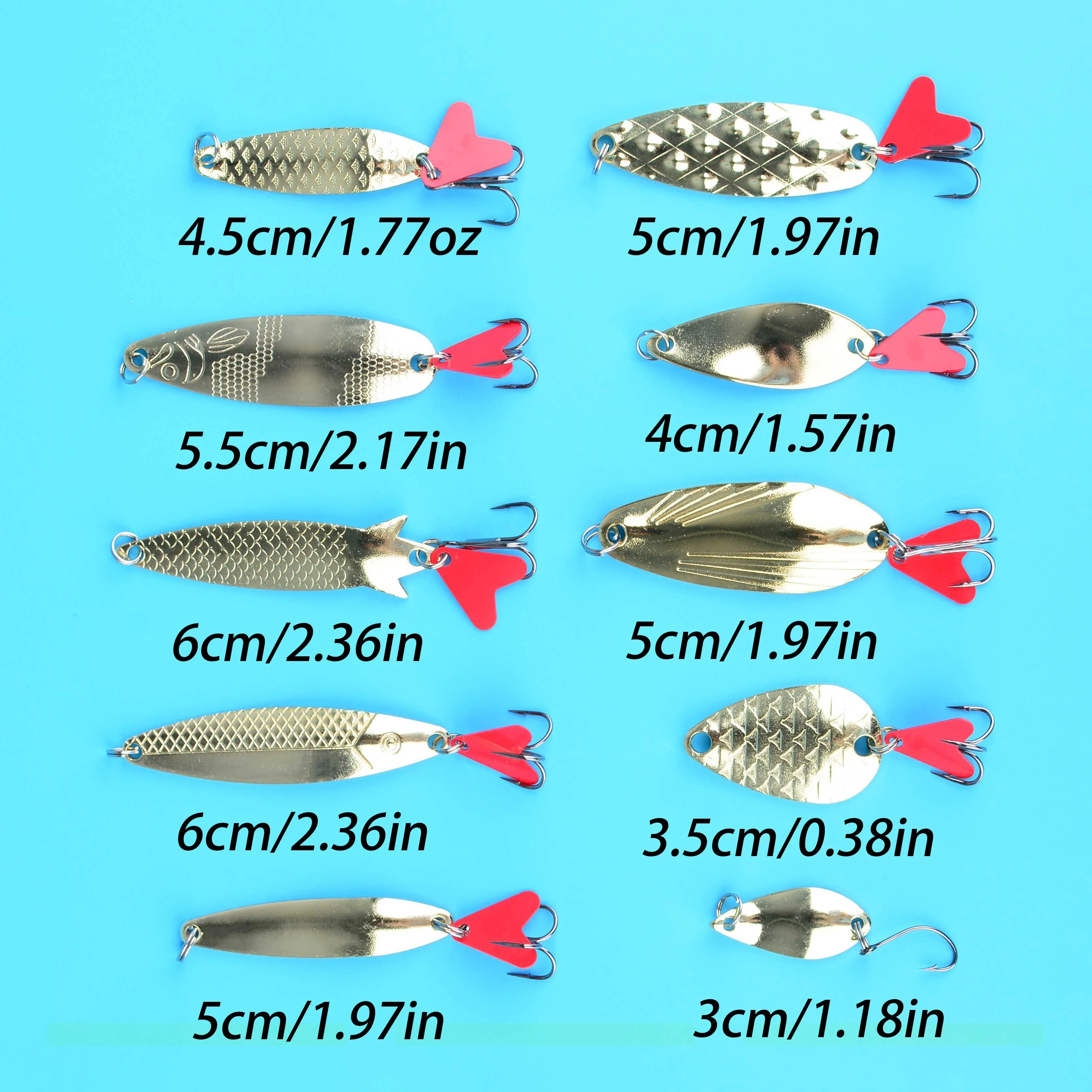 Señuelos tipo cuchara giratoria dorados y plateados con caja de pesca - imagen 2