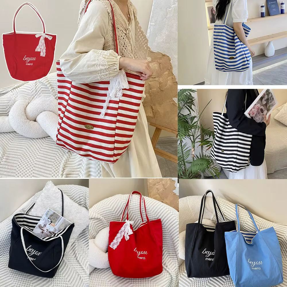Bandolera de lona reversible a rayas, plegable y amplia - imagen 5