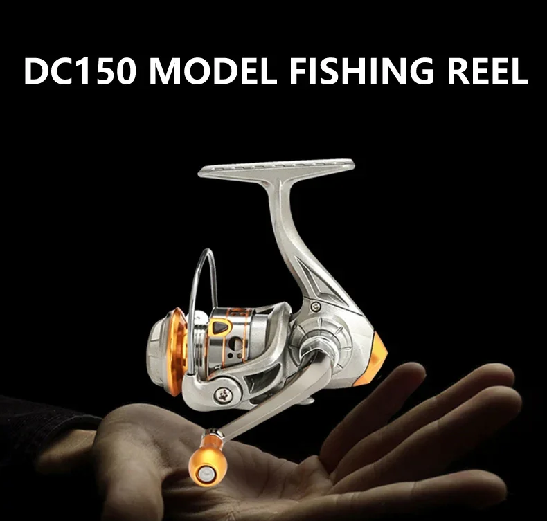Vista frontal del carrete DC150 mostrando su cuerpo metálico y manivela ergonómica