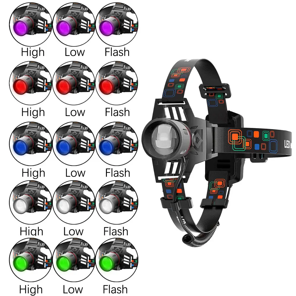 Linterna frontal LED para pesca con 3 modos y zoom 18650 compacta