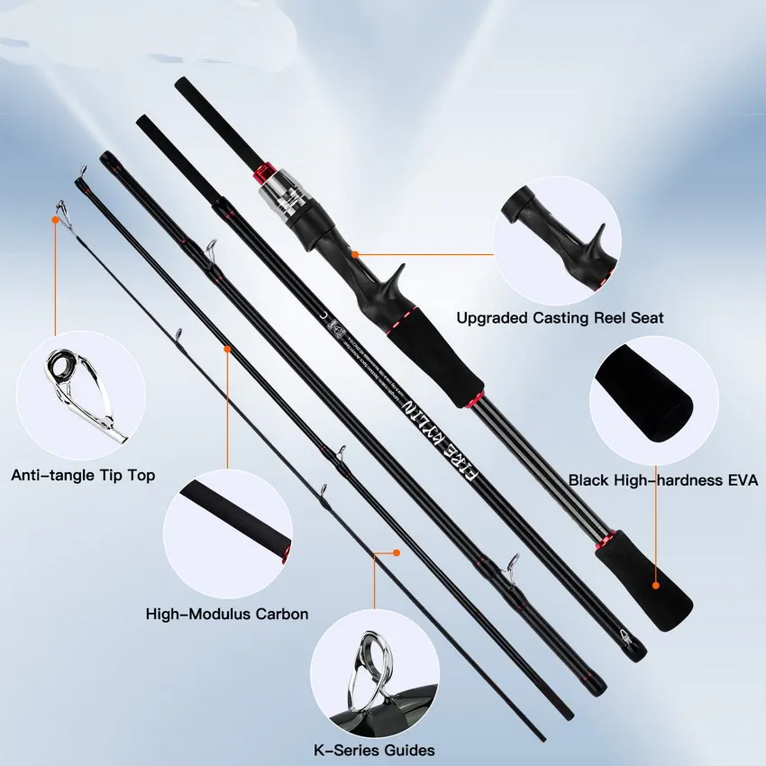 Caña de viaje carbono para spinning y baitcasting, acción rápida