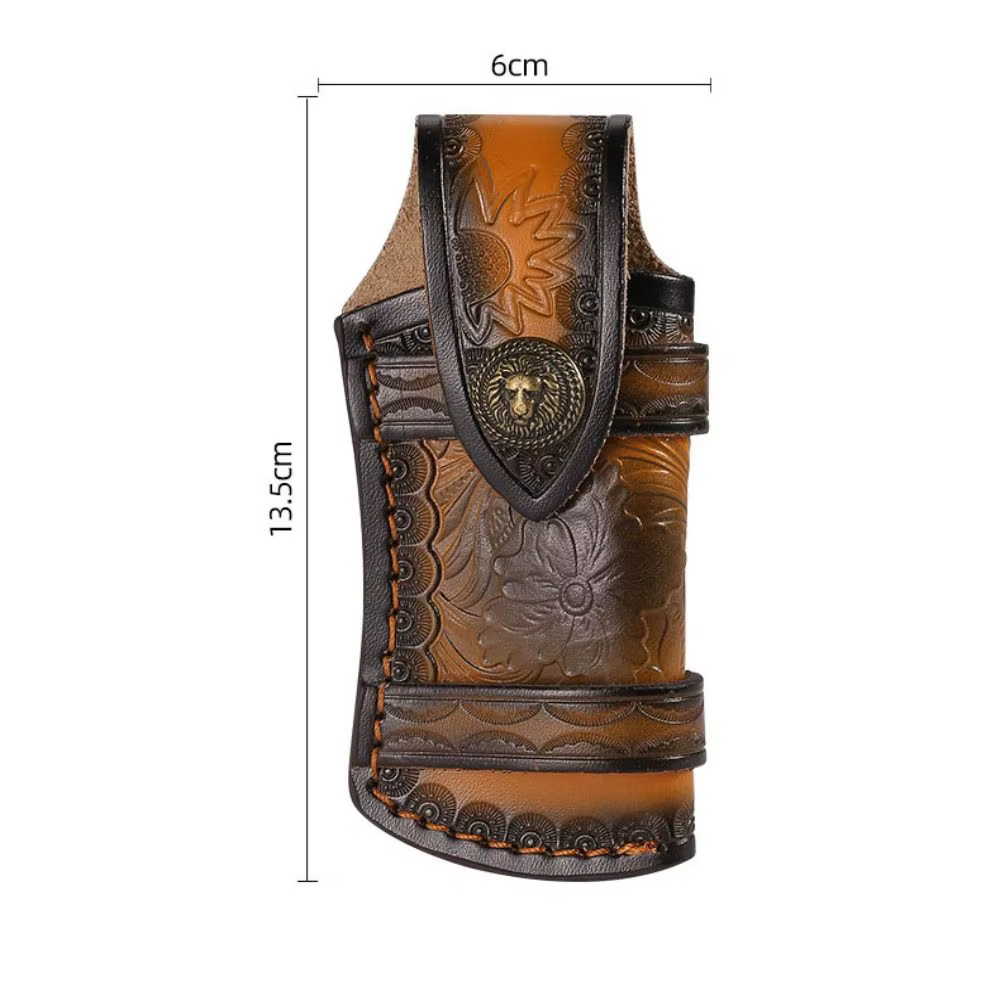Funda de cuero marrón con presilla para cinturón y bolsillo para linterna