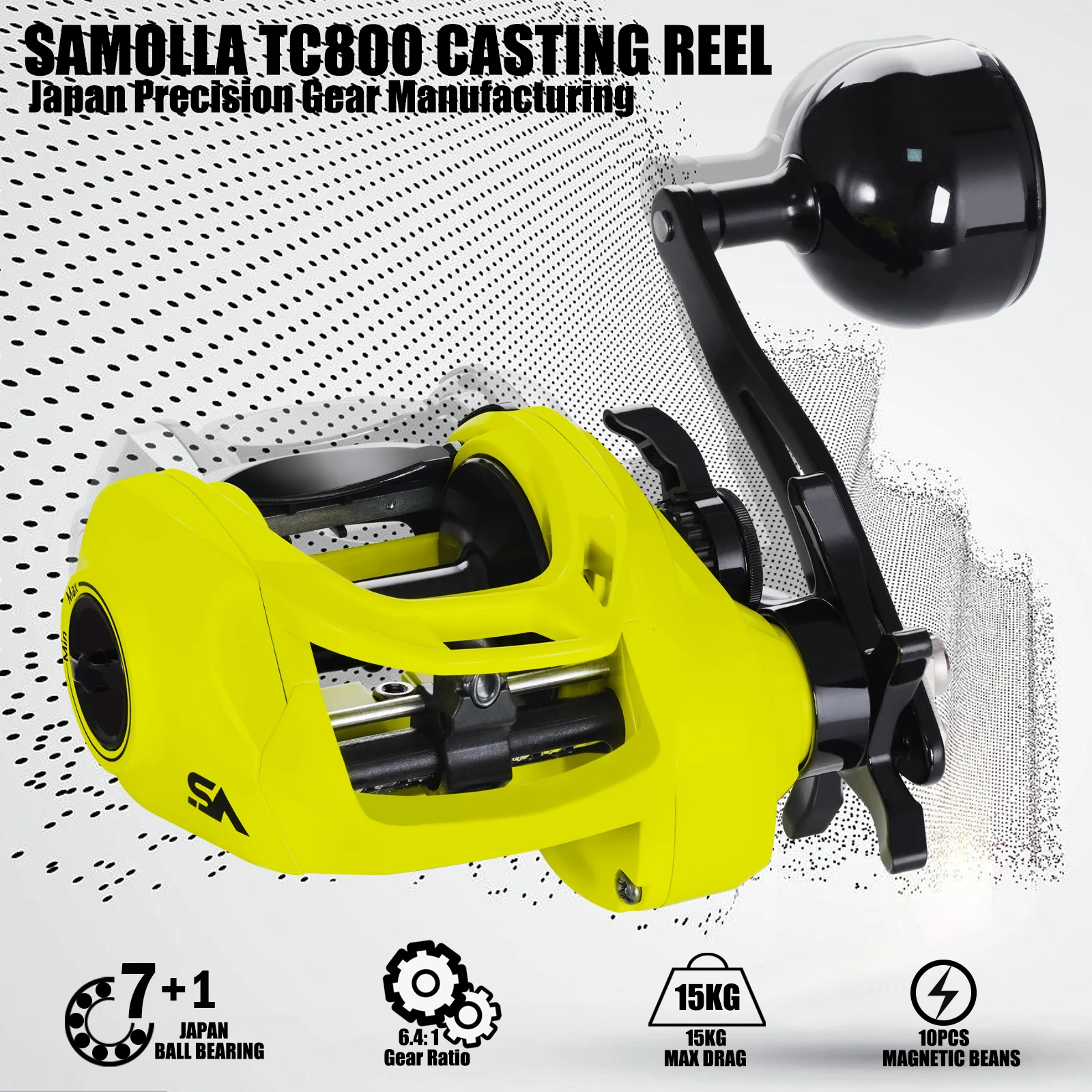 Vista lateral del carrete SAMOLLA mostrando su cuerpo metálico y manivela ergonómica