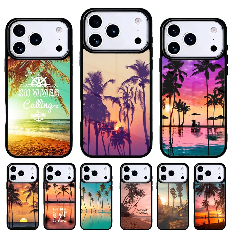 Funda iPhone con diseño palmeras y atardecer — carcasa trasera
