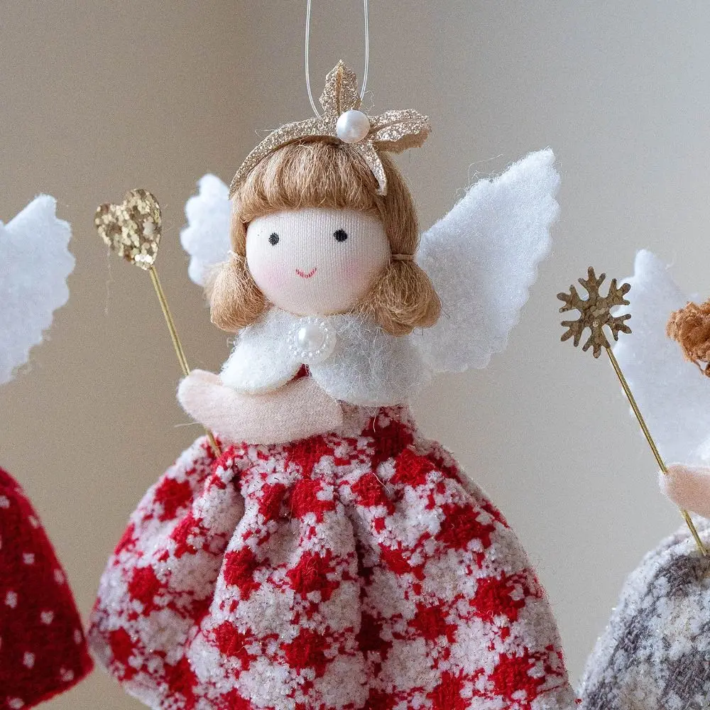 Colgante de ángel textil rojo y blanco gris para decoración navideña DIY - imagen 3