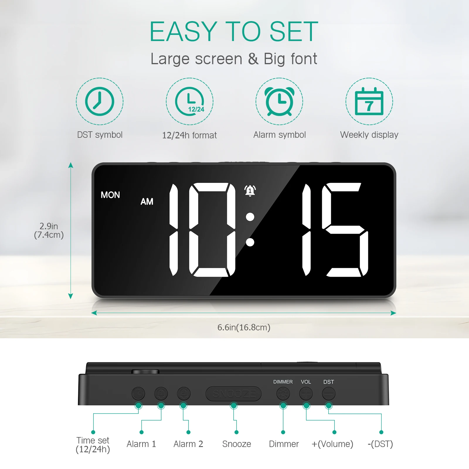 Reloj despertador digital AMIR con pantalla LED grande y 4 alarmas - imagen 5