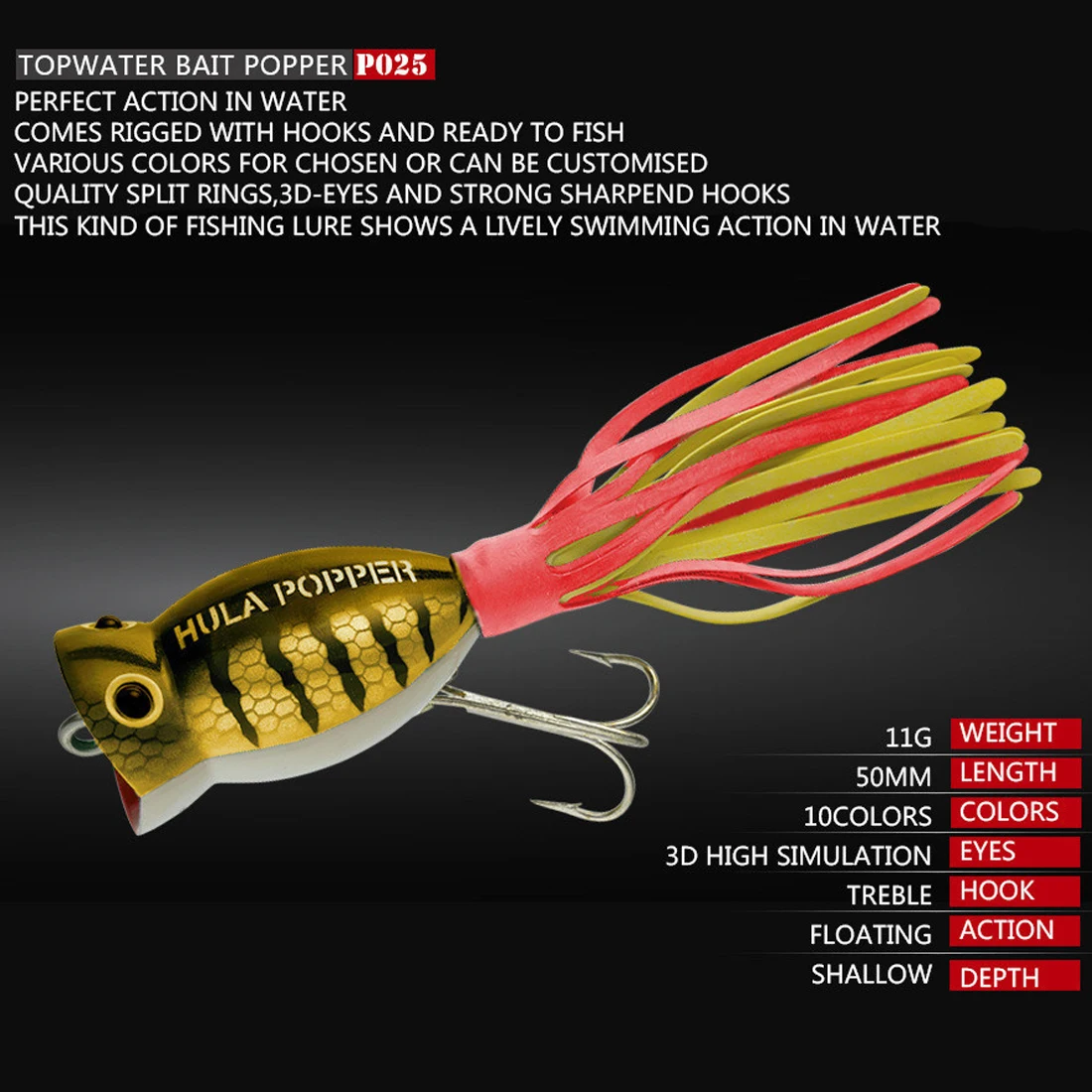 9KM Señuelo Popper Topwater Agua Salada con Faldas y Anzuelo Triple - imagen 4