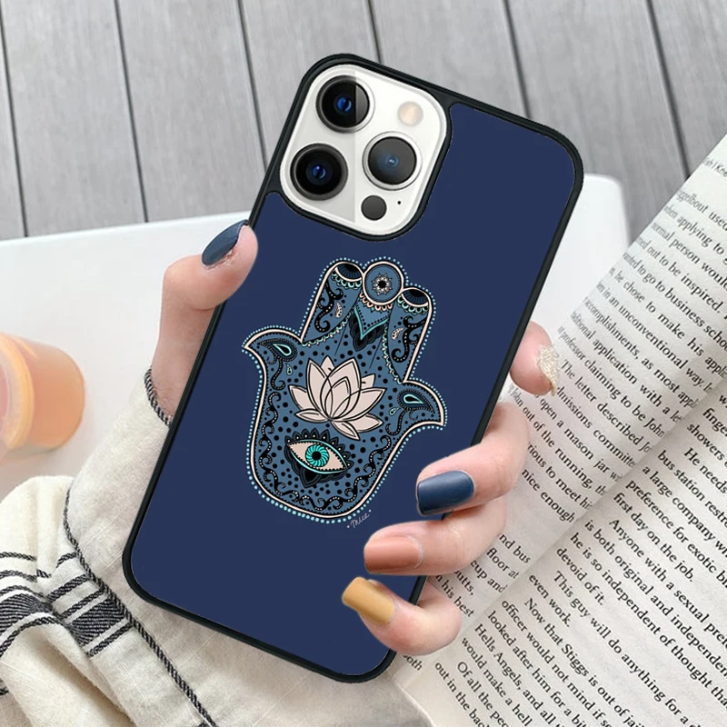 Vista trasera de funda con símbolo Hamsa Mano de Fátima
