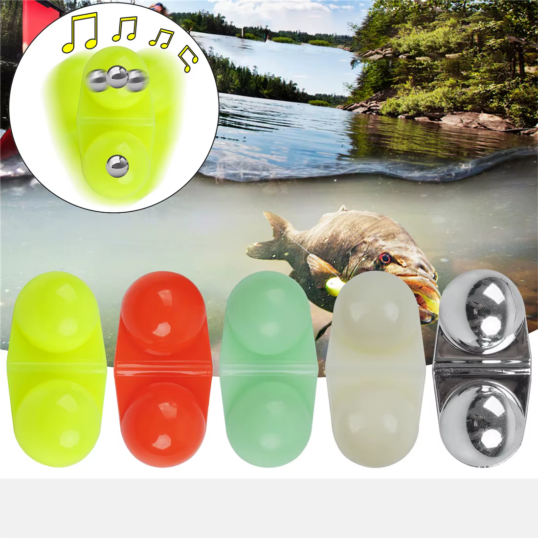 Sonajero doble para pesca portátil con cuentas campana atrae peces - imagen 5